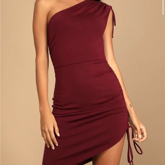 Lulu's Burgundy Asymmetrical Ruched One-Shoulder Dress - Picture 2 of 9